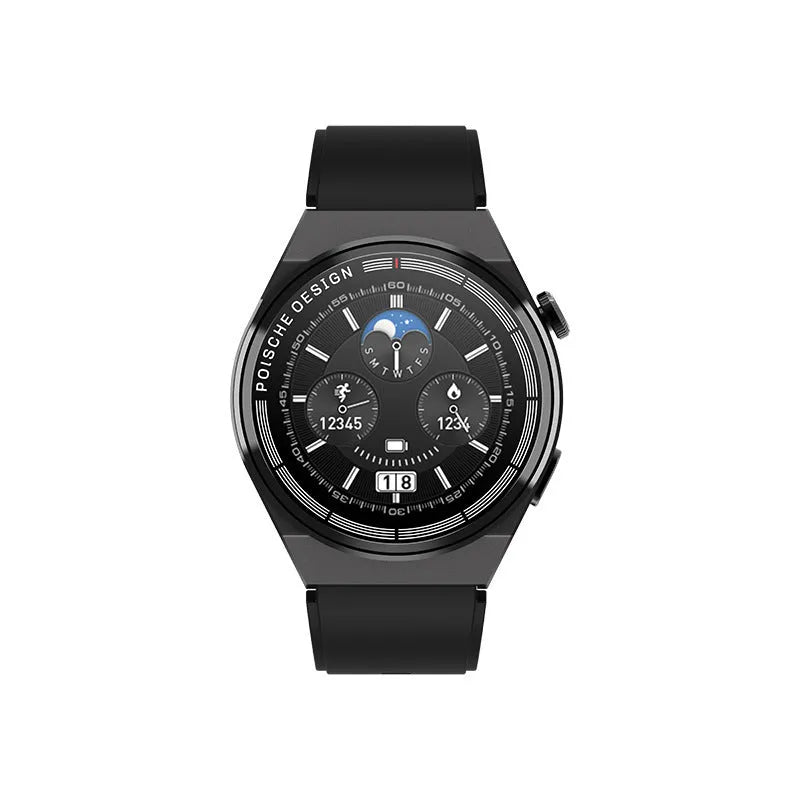 Smartwatch with circular screen on a leather strap, showing NFC payment and calling interface