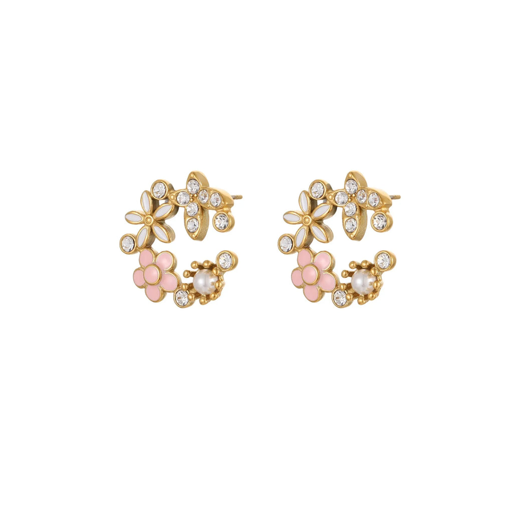 Colourful flower stud earrings with petal design on stainless steel with 18K electroplated finish