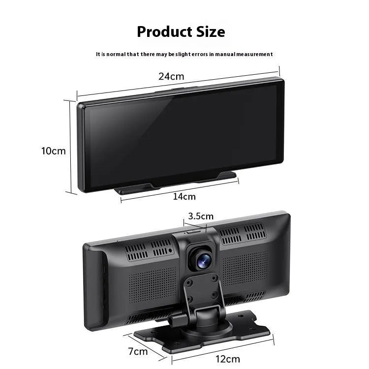 10 inch car touchscreen smart system with CarPlay, navigation, and dual dash cam recording on a dashboard