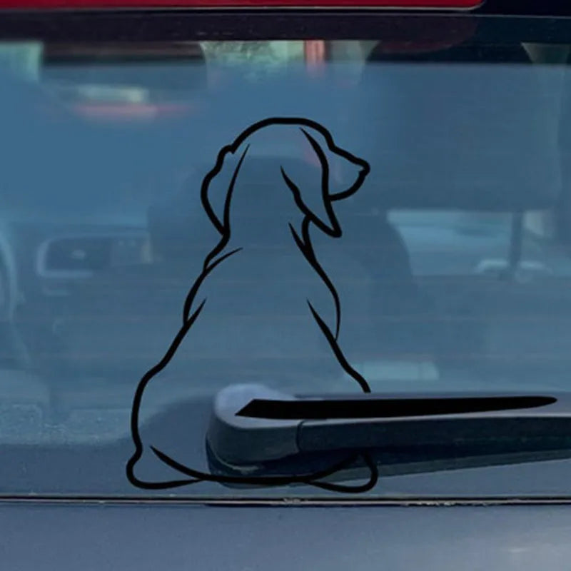 Black and white cartoon dog car window sticker with wiper-style tail for vehicle rear glass decoration