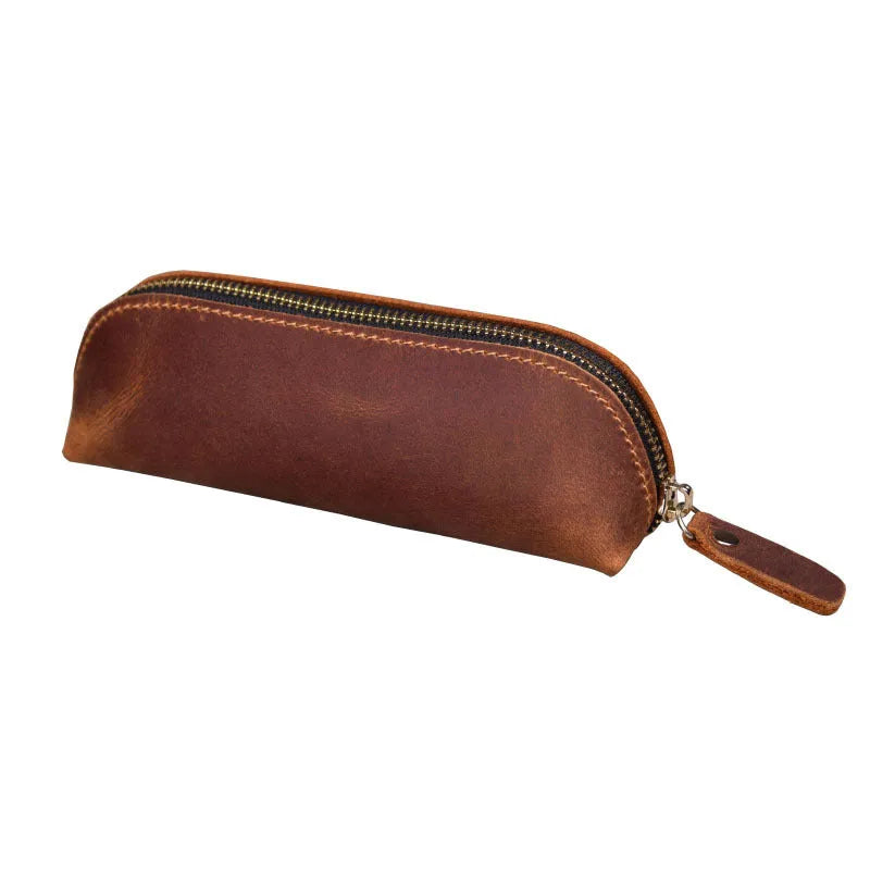 Handmade cowhide leather pencil case with zipper, square 18x6x6cm design in four colour options