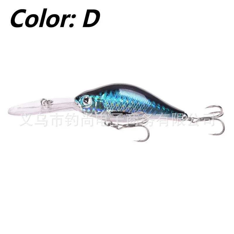 Mino fishing lure with deep diving long tongue board, 10.5cm length, 15g weight, five colour options