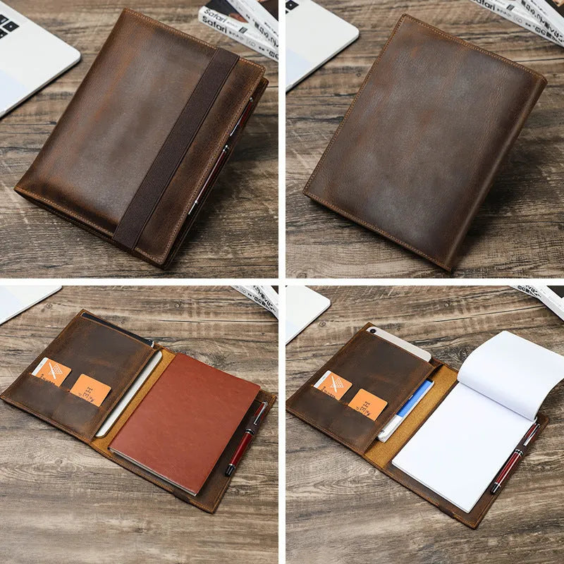 Brown Crazy Horse leather A5 notebook protective sleeve with square design and socket closure