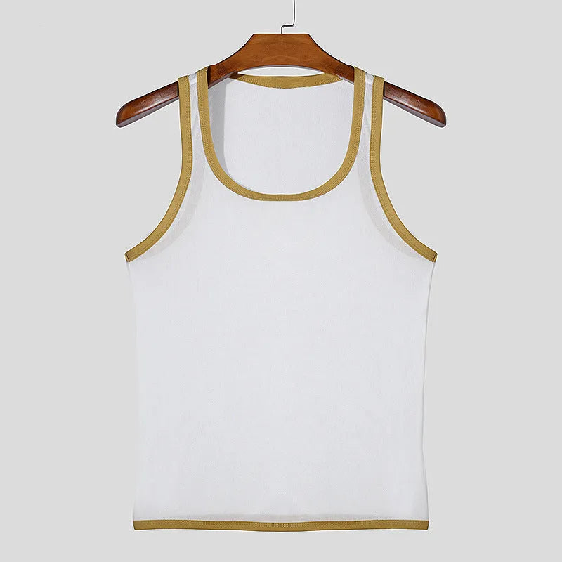 Men's tight mesh fitness vest in solid white or black colour with straight hem design