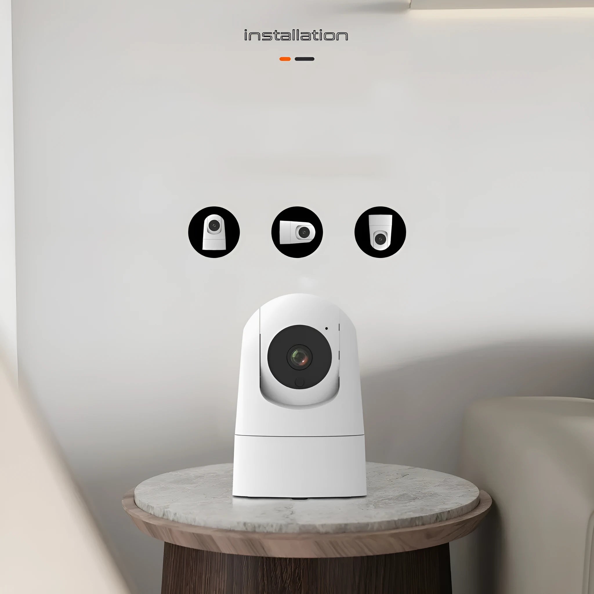 White indoor security camera with lens on a stand, showing compact design.