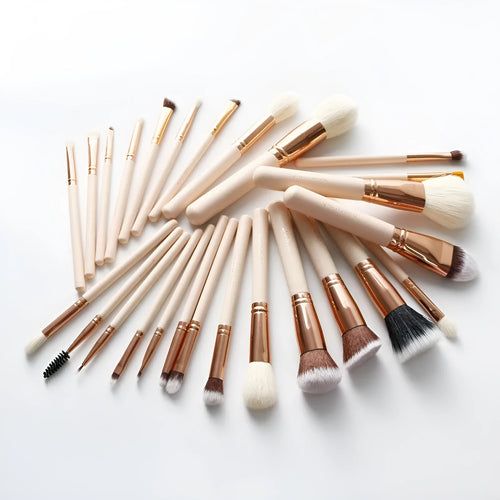 26 pink makeup brushes with wool bristles and wooden handles in PU storage bag