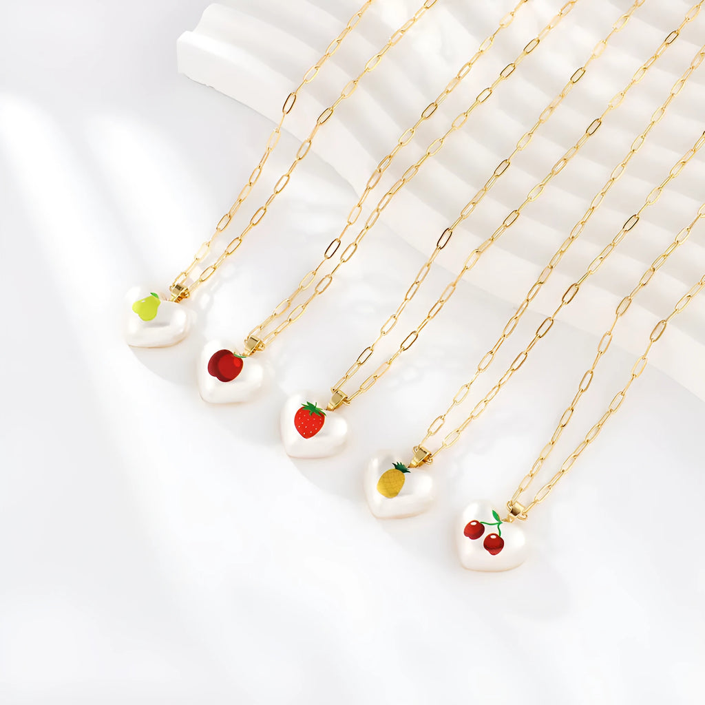 Silver tone heart necklace with geometric fruit pendant on adjustable 21-50cm chain