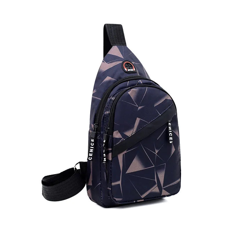 Men's Oxford cloth crossbody chest bag with earphone hole, showing zipper closure and vertical messenger style