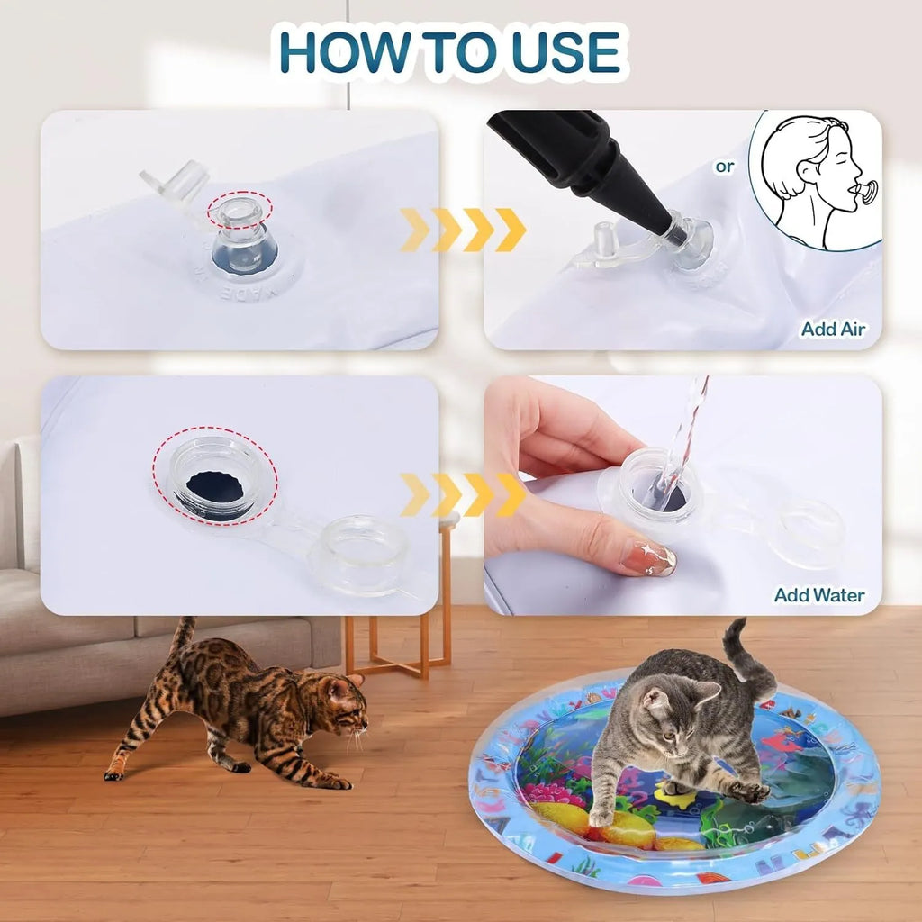 Square PVC water sensory playmat for pets showing inflated outer ring and central water area with floating fish toys.