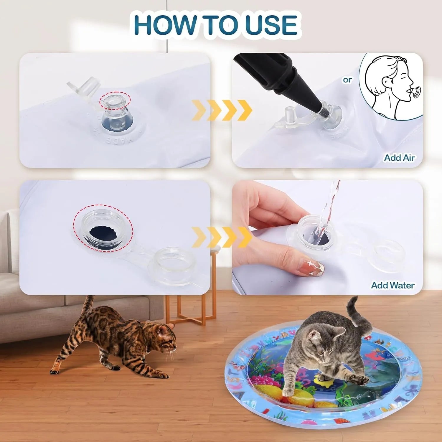 Square PVC water sensory playmat for pets showing inflated outer ring and central water area with floating fish toys.