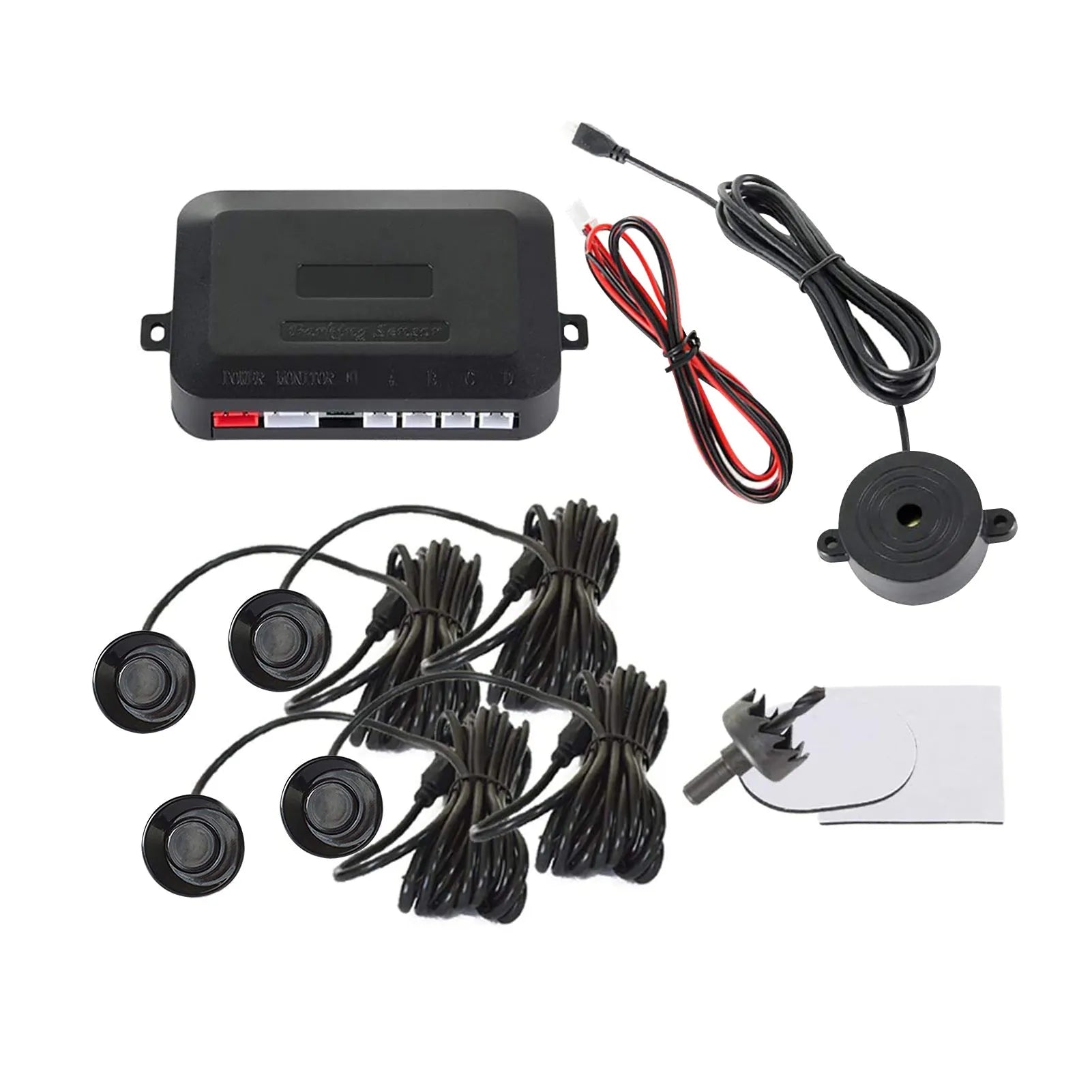 Four ultrasonic parking sensors and control module for vehicle reversing radar system with buzzer alerts