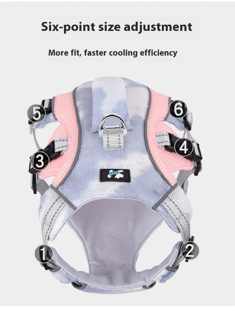 Reflective dog cooling chest strap in light blue colour with adjustable polyester straps