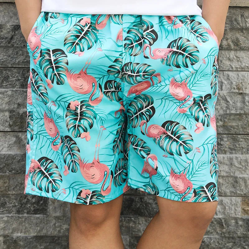 Men's floral print five-point swimming trunks made from polyester in a free size.