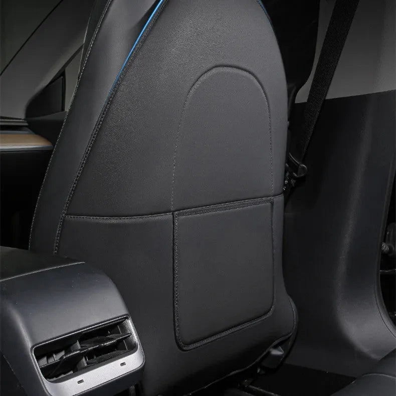 Set of two black leather anti kick pads for car rear seats, shown with dimensions.