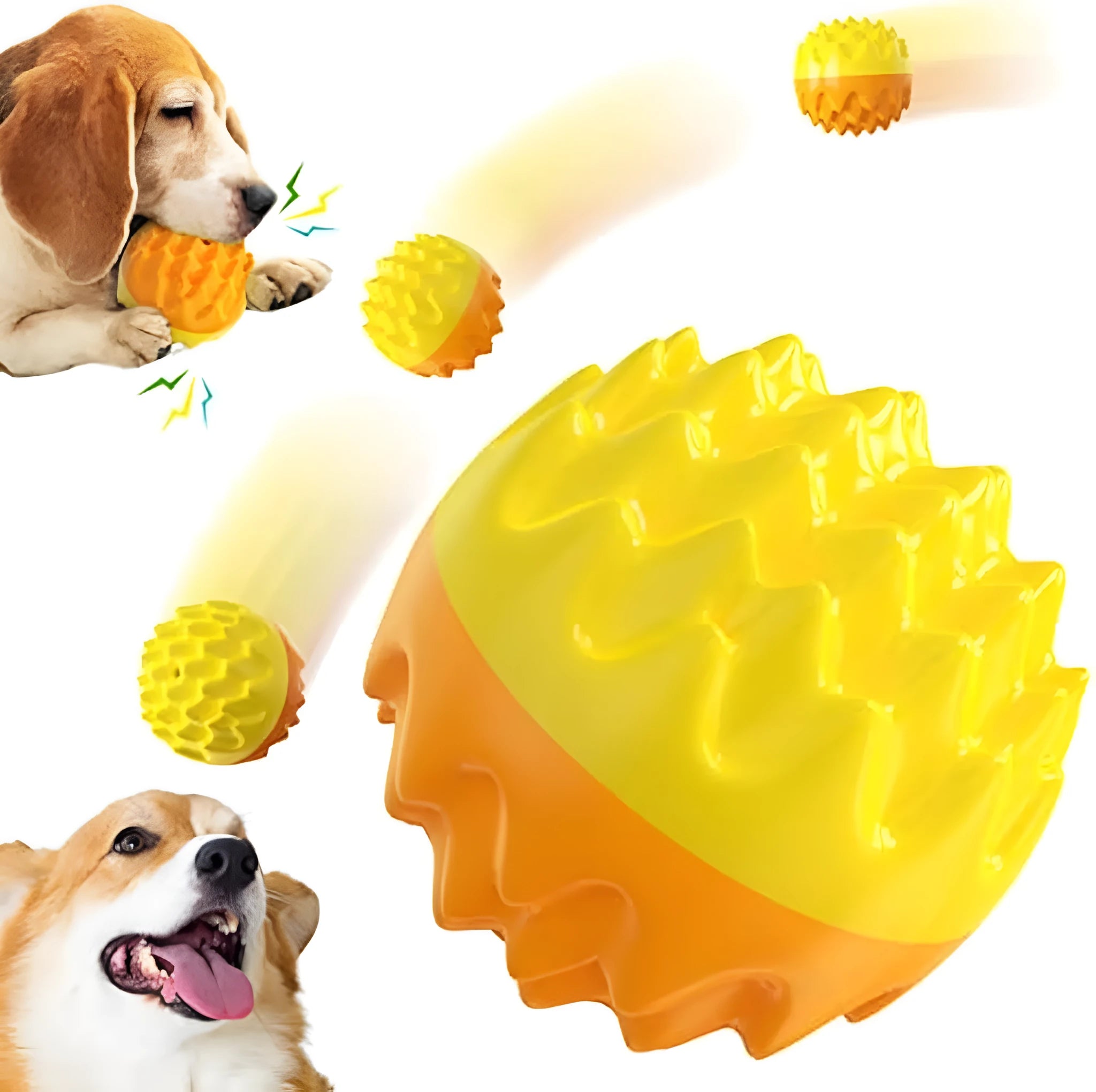 Blue and orange durable rubber squeaky dog ball with texture bumps for teeth cleaning.
