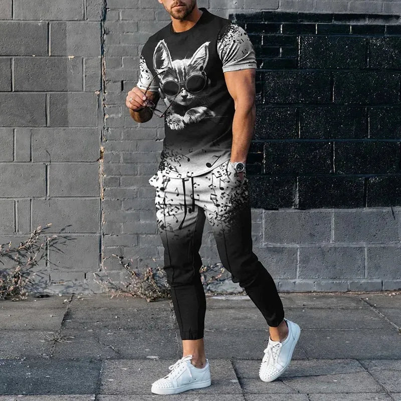 Man wearing a short-sleeved printed round neck pullover and matching trousers from a lightweight athletic suit set.