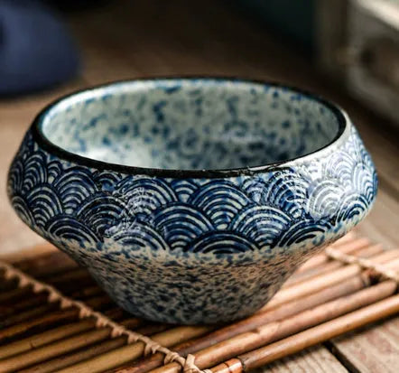 Japanese ceramic tall soup bowl with underglaze colour pattern, microwave-safe porcelain