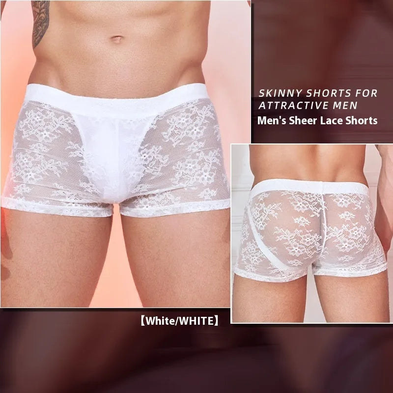 Nylon men's boxers with lace detailing in black, red, and white colour options.