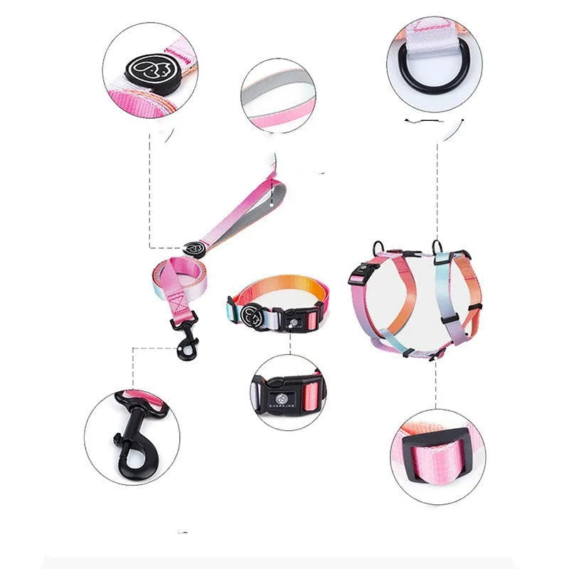 Polyester dog harness with chest strap in a gradient colour print, shown in S, M, L sizes.
