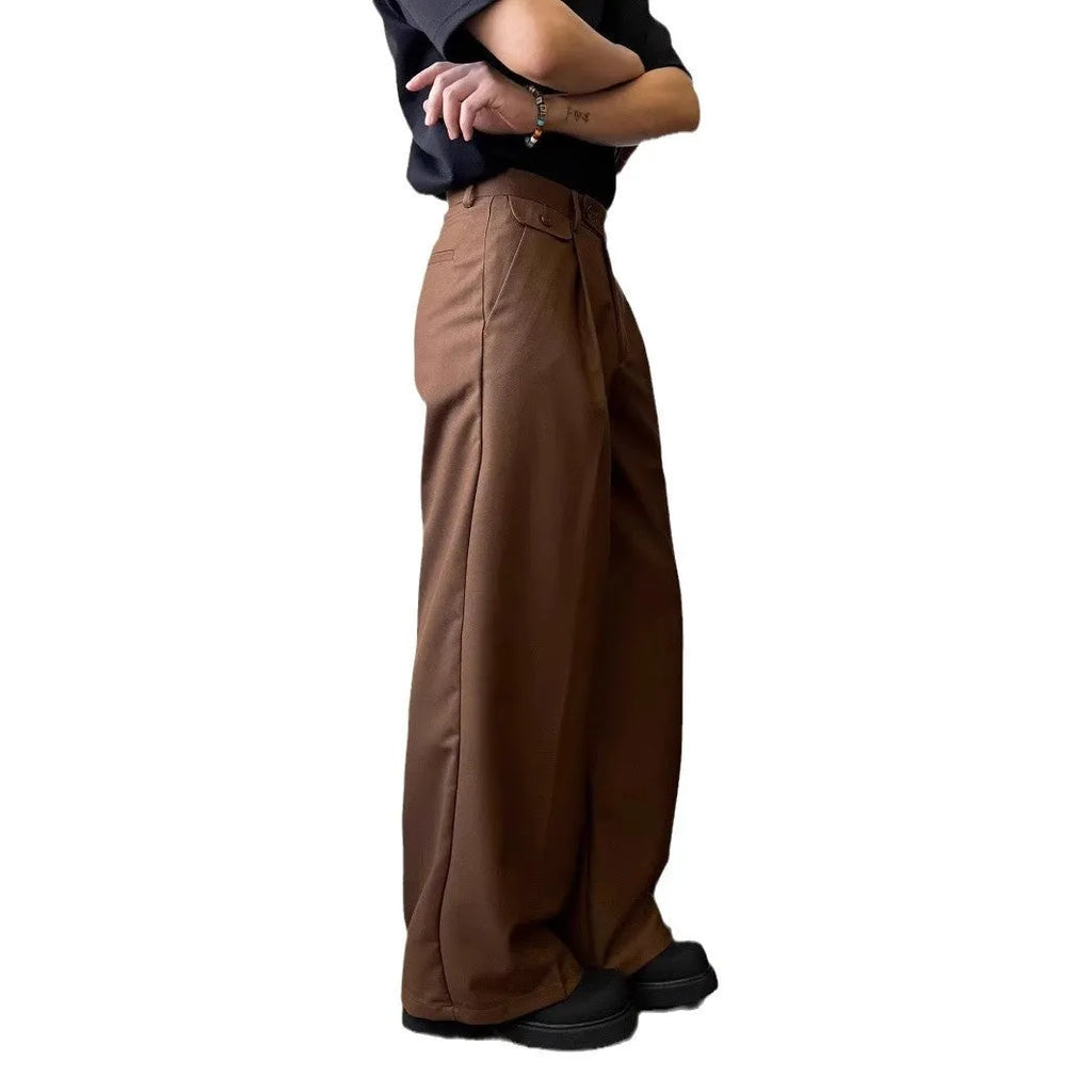 Men's straight-leg casual trousers with loose wide-leg fit in polyester blend fabric