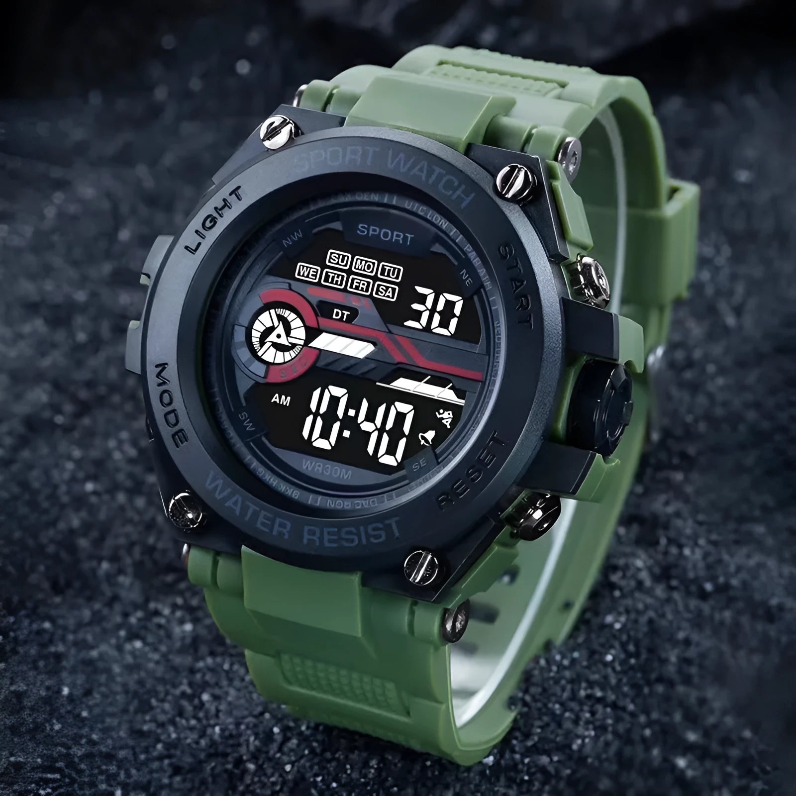 Digital electronic watch for teenagers and students showing LED display and colour options