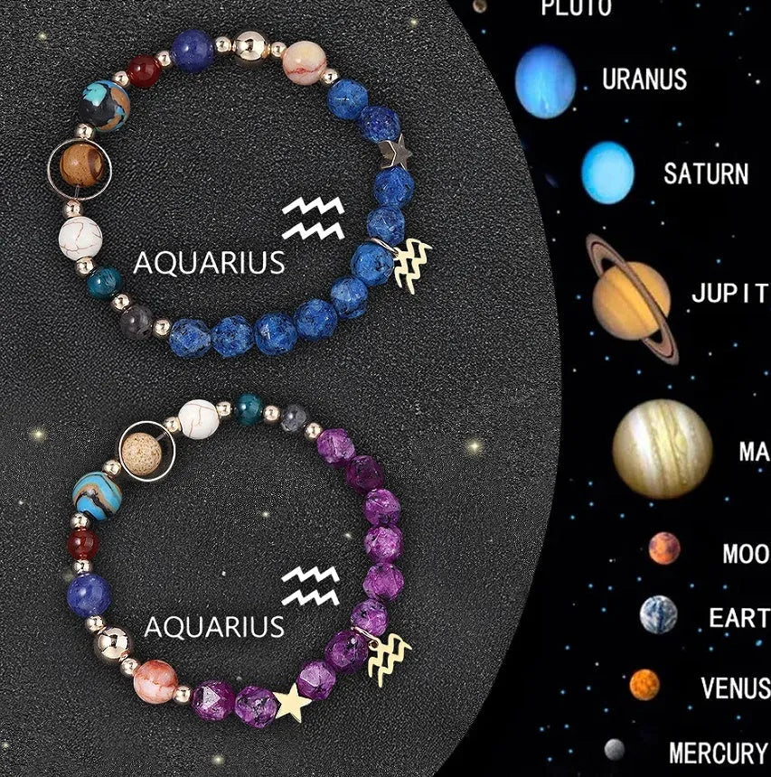 Set of twelve natural stone beaded bracelets, each representing a different zodiac sign with celestial charms.