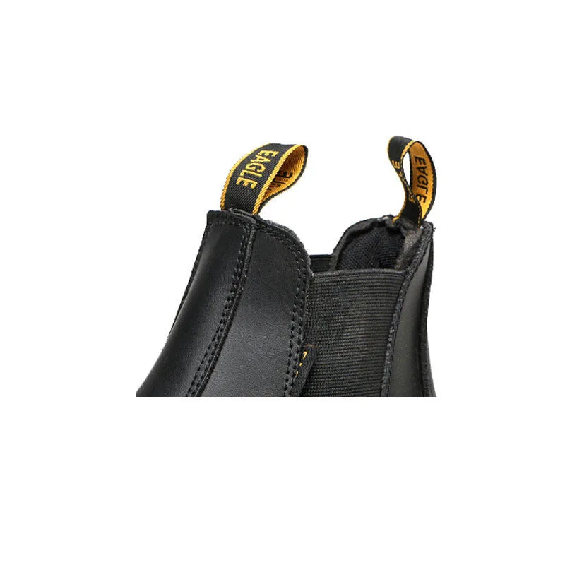 Black leather safety work boots with high-top design and steel toecap protection
