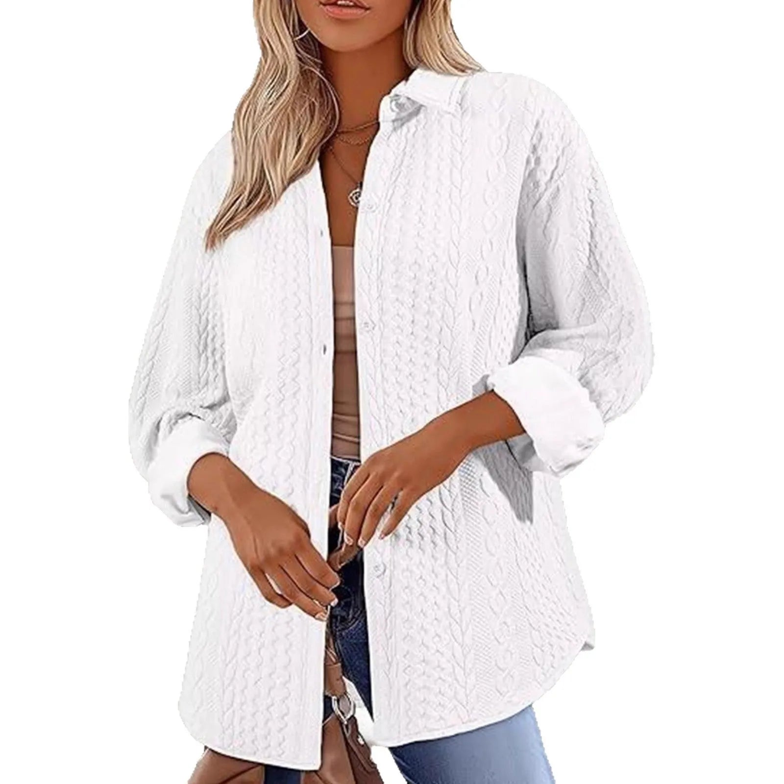 Women's solid colour knitted cardigan with long sleeves shown in black, white, and khaki colour options
