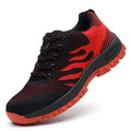 Red steel toe safety shoes with breathable mesh upper for summer industrial work
