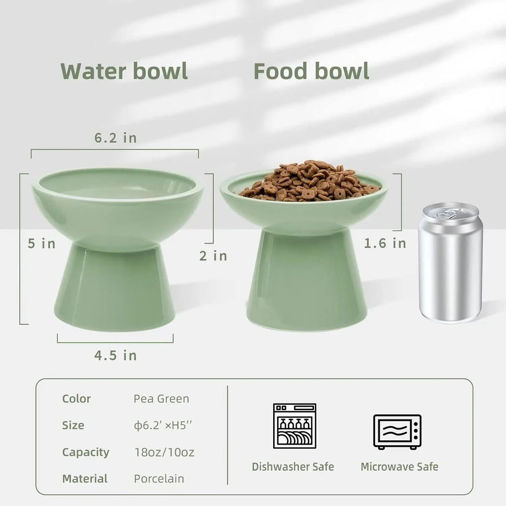 Blue elevated ceramic cat bowl with wide shallow dish on a white background.