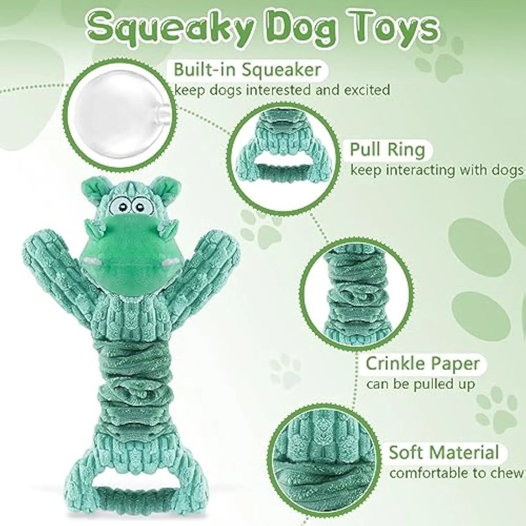 Large squeaky plush dog toy in hippo or monkey design with a handle base for tug of war games