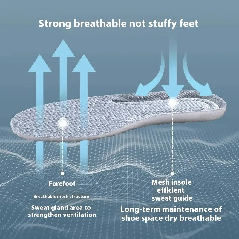 Grey, black, and orange breathable sports insoles made from soft PU material, shown alongside scissors for cut-to-fit sizing.
