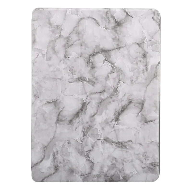 Dark grey tri-fold marbling imitation leather iPad case with a visible slot for an Apple Pencil.