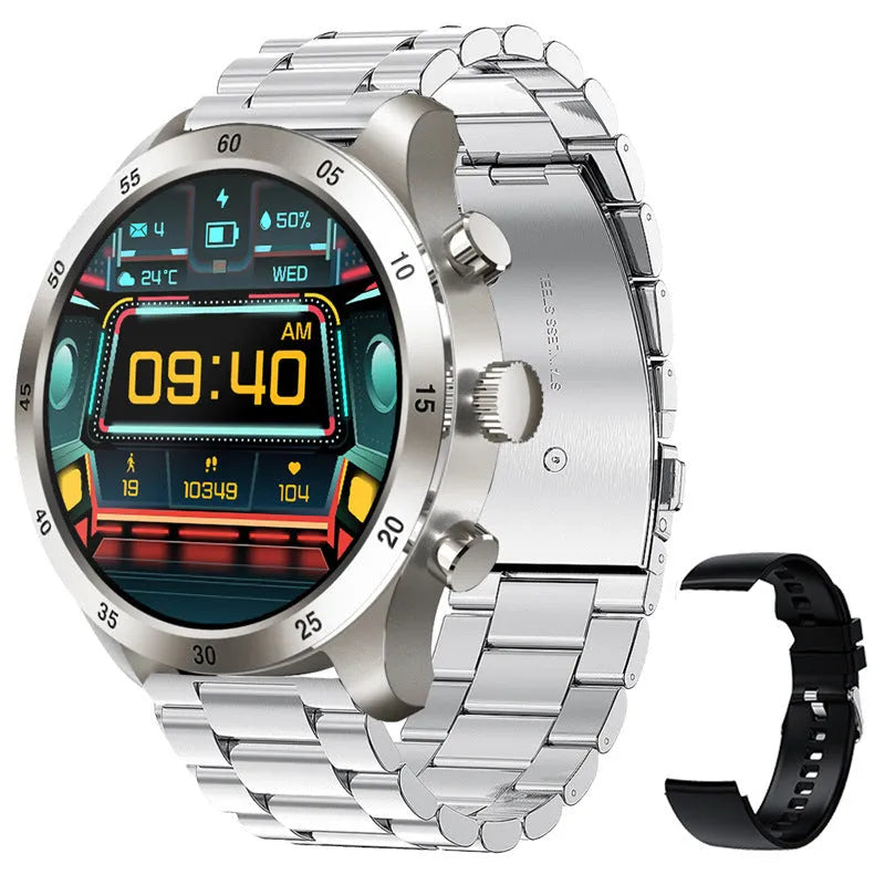 Smart watch with Bluetooth calling display showing music playback and health metrics