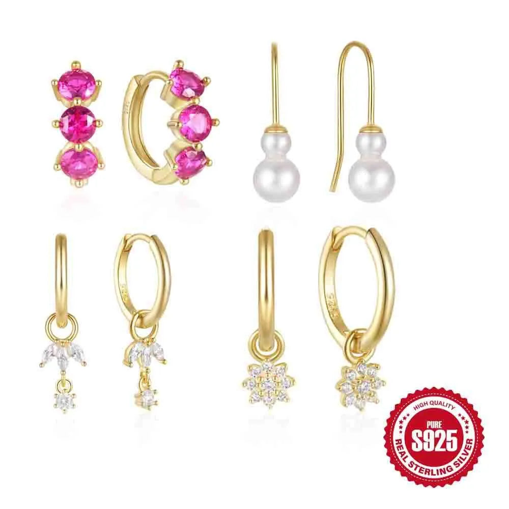 Golden three diamond zircon inlay sunflower geometric earrings in S925 sterling silver
