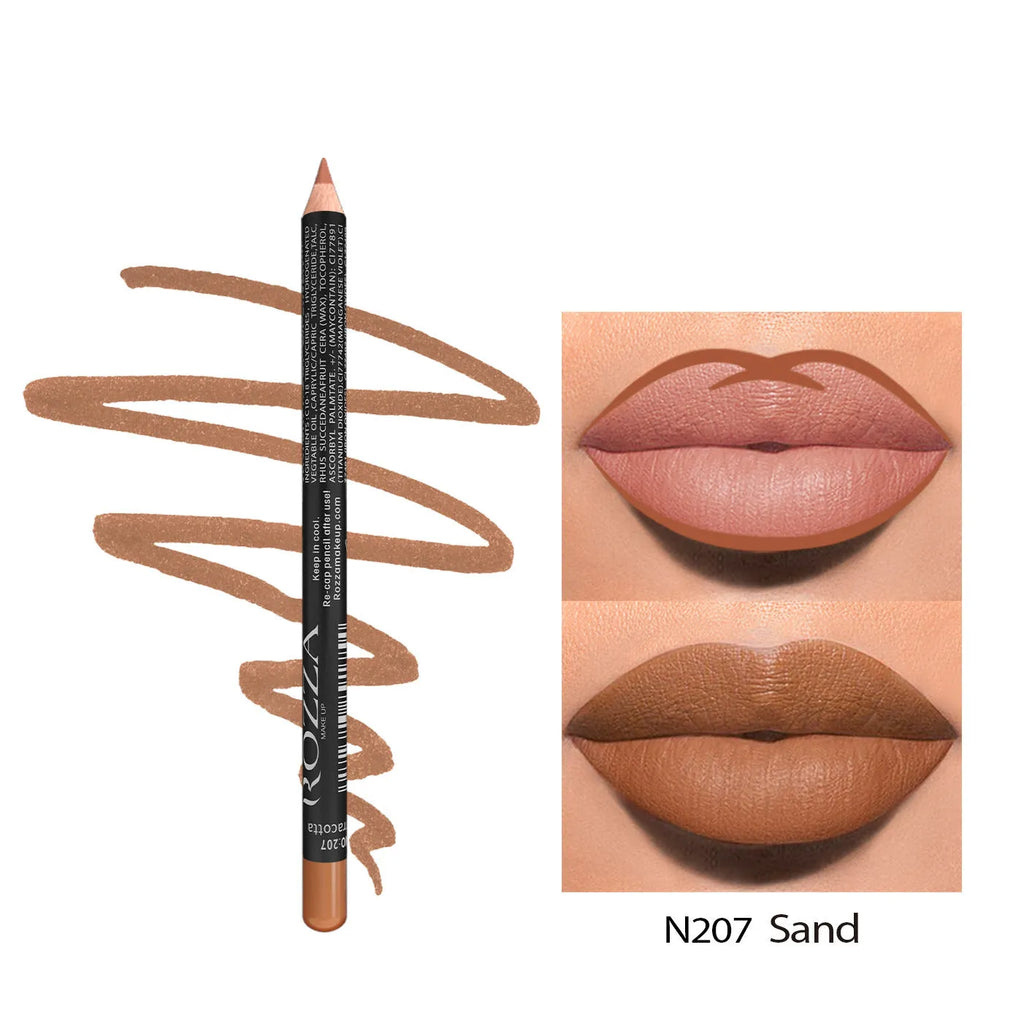 Wooden matte lip liner pencil in various shades showing 24 hour wear and waterproof claim