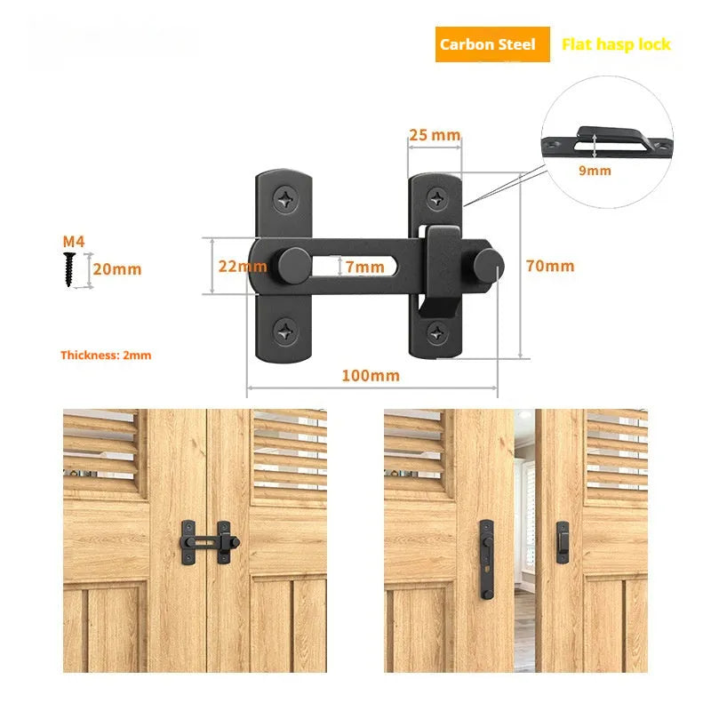 Warehouse sliding door lock with 90-degree hasp and flat shackle in carbon steel or stainless steel options