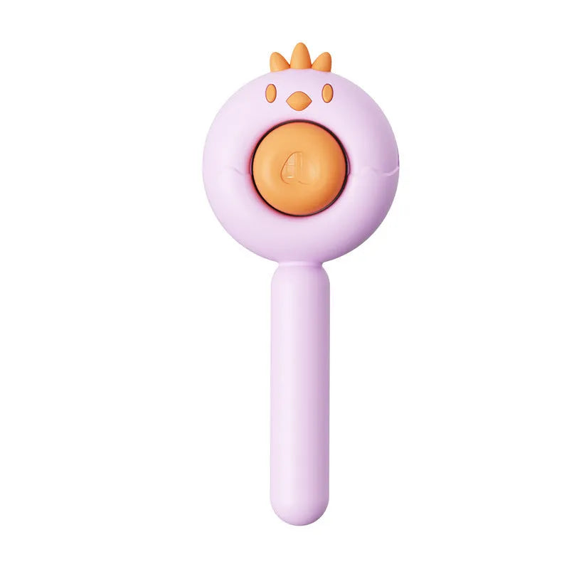 Purple pet grooming brush with self-cleaning button and stainless steel bristles on a white background