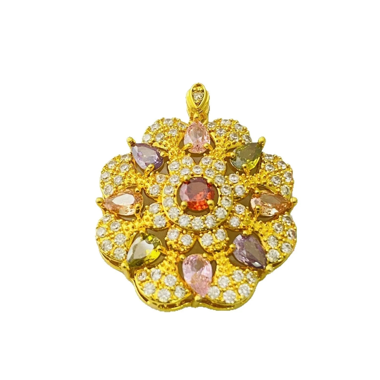 Women's colourful zircon flower pendant necklace in gold, champagne gold or platinum colour with optional chain