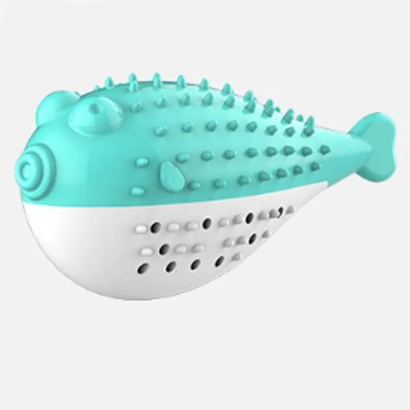 Silicone fish-shaped cat chew toy in blue, green, pink, or yellow colour options