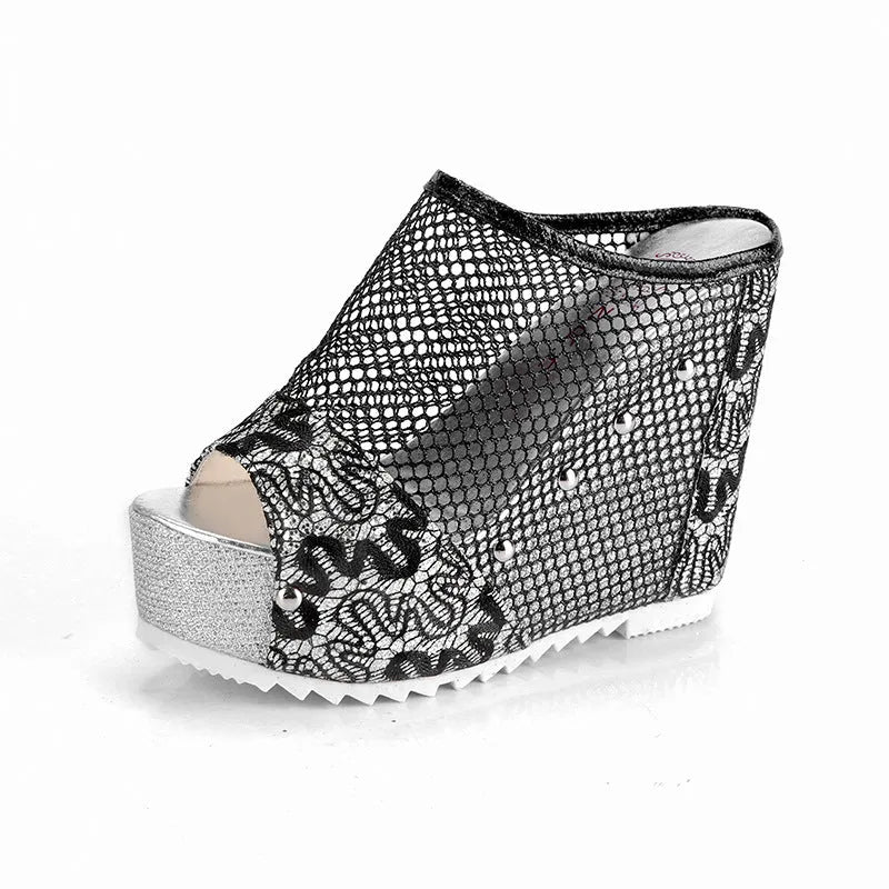 Women's black Korean-style platform sandals with hollowed-out heel, chunky block heel, and lace-up front on mesh upper.
