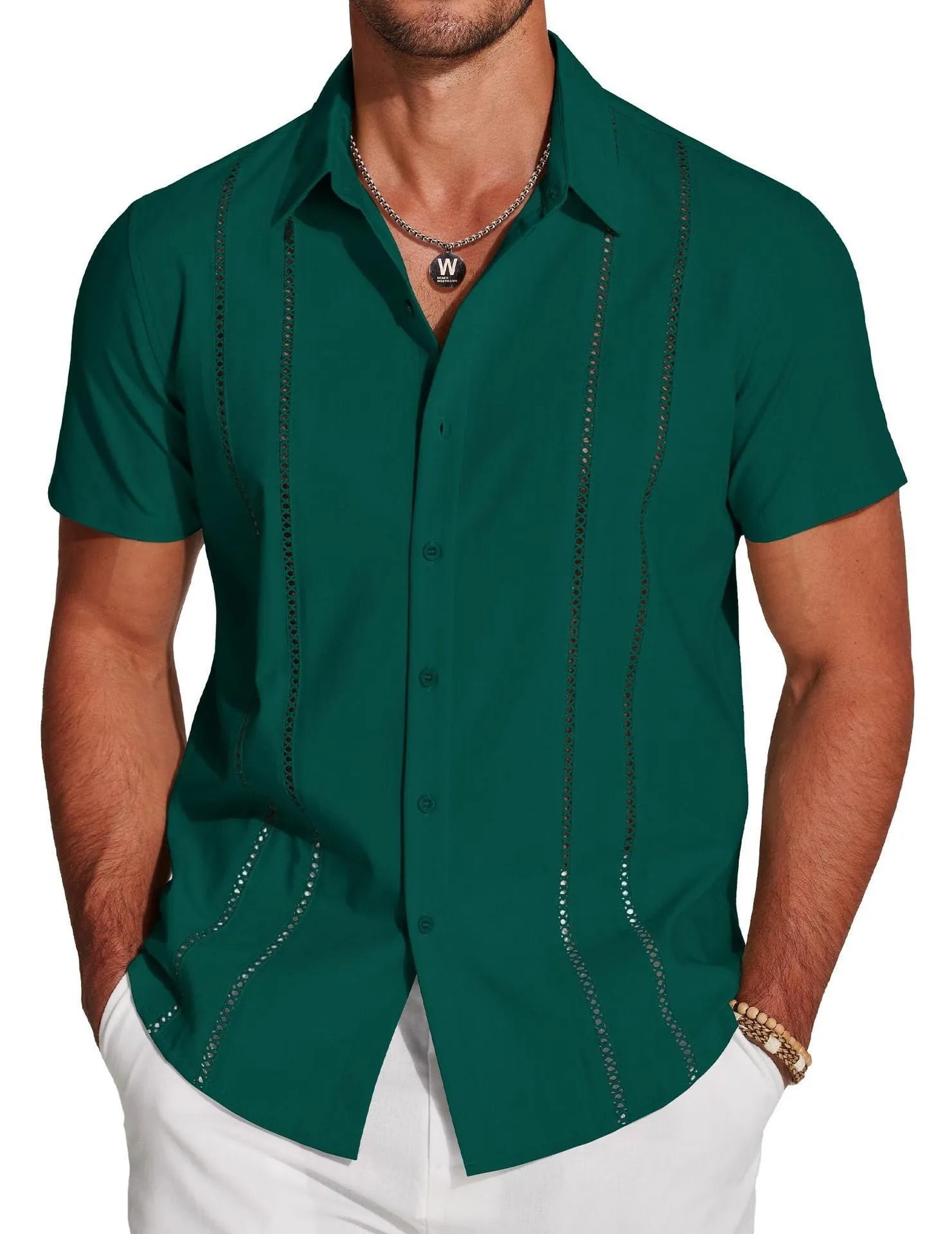 Men's slim fit cardigan-style Hawaiian short sleeve shirt with digital print pattern.
