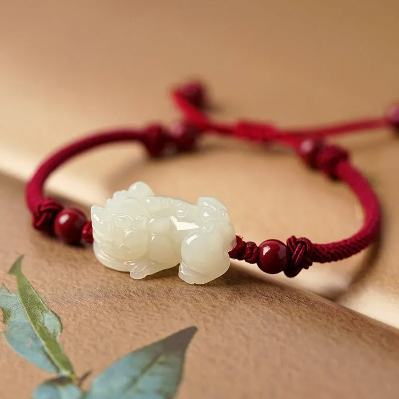 Hetian jade bead bracelet with black and red adjustable braided cord, Chinese style jewellery.
