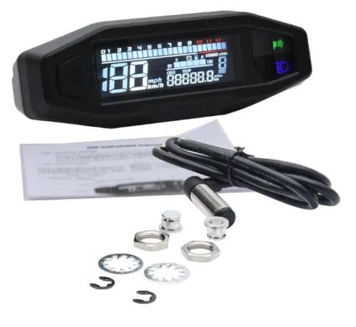 Black motorcycle mini LCD speedometer with oil gauge showing digital display and five-square fuel indicator