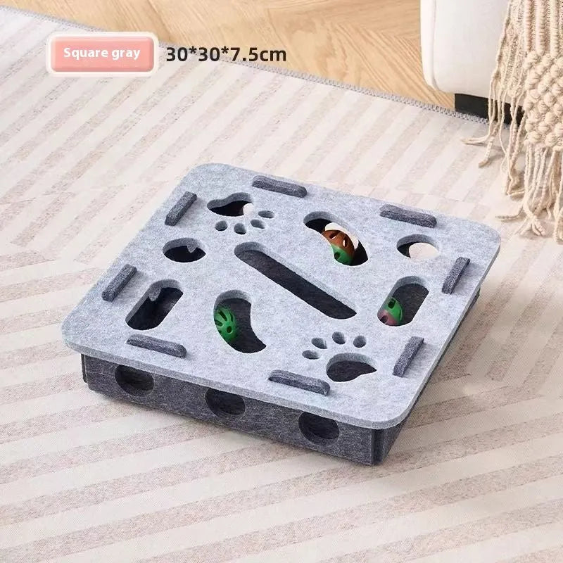 Felt cat toy box measuring 30x30x7.5cm with hole design for scratching