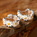 White daisy flower ring earrings with electroplated copper construction and gemstone accents