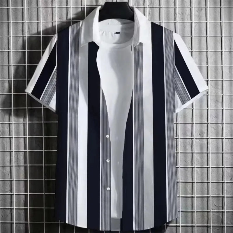 Man wearing a lightweight striped linen T-shirt with a 3D printed design.