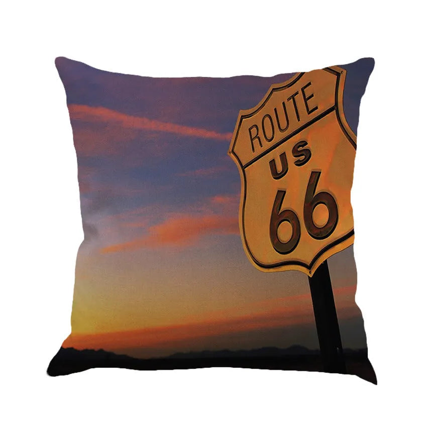 Square linen cushion cover with Route 66 landscape pattern, shown in one of six available colours.