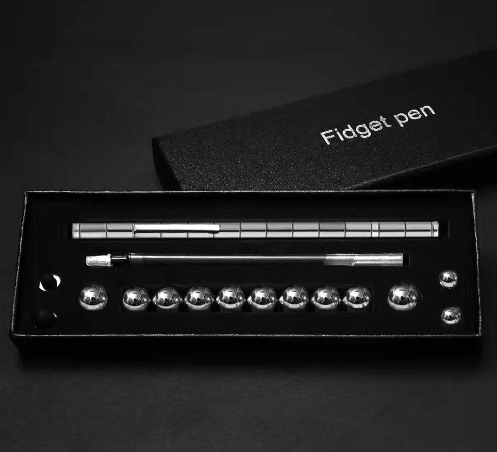Magnetic modular pen with 13 rings, 12 steel balls, 3 refills, and capacitive head in silver iron box