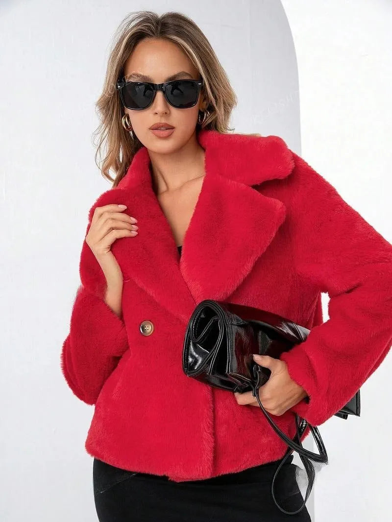 Women's rose red faux fur coat with regular sleeves and 50cm length